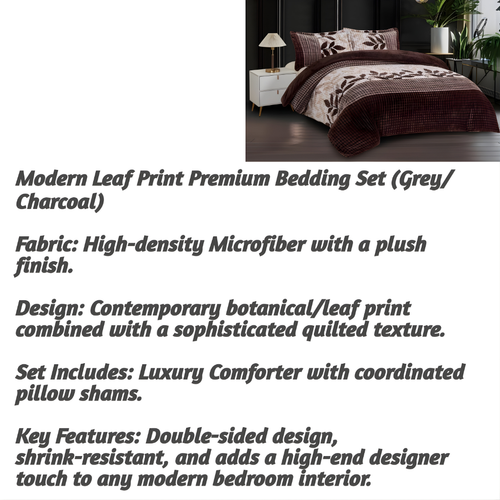 Modern Leaf Print Premium Bedding Set (Grey/ Charcoal)